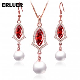 10 Color Jewelry Sets For Women Rose Gold color fashion wedding crystal Simulated-pearl Charm Penant necklace Drop earrings set