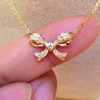 18K gold 0.14 carat diamond Bowknot pendant necklace women bow diamond bow tie fine Jewelry 2015 New Design Gold chain for lady