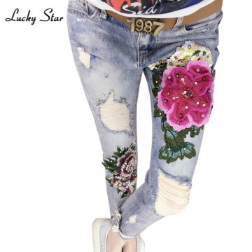 3D Flowers Embroidery Women Denim Jeans Flower Skinny Jeans Pencil Pants With Embroidered Flares Lady Ripped Trousers A151
