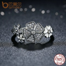BAMOER 925 Sterling Silver Shimmering Bouquet, White Enamel & Clear CZ Flower Finger Rings for Women Wedding Gift PA7176