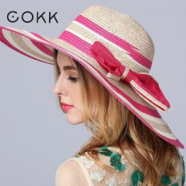 COKK Summer Hats For Women Mix Color Large Wide Brim Floppy Straw Hat With Bow  Sun Visor Sea Beach Hat Sunhat 2017 New