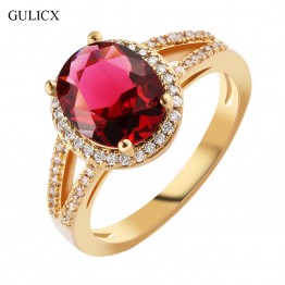 GULICX Fashion Hollow Halo Finger Band Gold-color Ring for Women Oval Garnet Red Crystal red CZ Engagement Jewelry R354