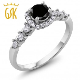 GemStoneKing Diamond-Jewelry 0.97 Ct Round Black Diamond White Topaz 925 Sterling Silver Engagement Ring For Women
