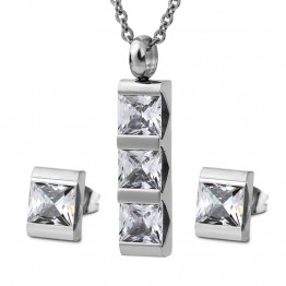 Hot Luxury ClassicJewelry Stainless Steel Pave Square Crystal Earring Pendant Necklace Set Wedding Jewelry Sets for Women Bride