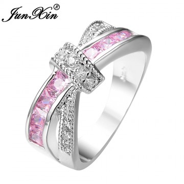 JUNXIN Female Pink Cross Ring Fashion White & Black Gold Filled Jewelry Promise Engagement Rings For Women Birthday Stone Gifts
