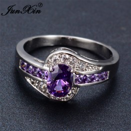 JUNXIN Female Purple Oval Ring Fashion White & Black Gold Filled Jewelry Vintage Wedding Rings For Women Birthday Stone Gifts