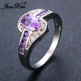 JUNXIN Female Purple Oval Ring Fashion White & Black Gold Filled Jewelry Vintage Wedding Rings For Women Birthday Stone Gifts