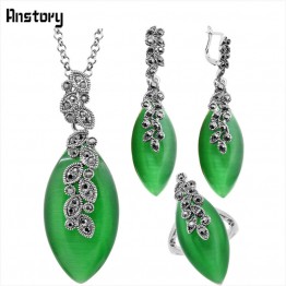 Leaf Drop Green Opal Pendant Jewelry Set Necklace Earrings Ring Antique Silver Plated Rhinestone Clip On TS360