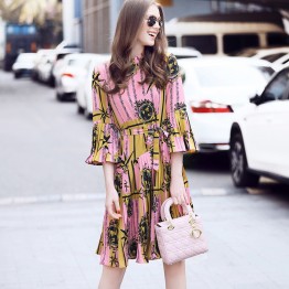 New Arrivals 2017 Spring Summer Elegant Stand Collar Flare Sleeve Printed Women Dress Chiffon Loose Casual Knee-Length Dress