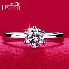 USTAR Classic Six Claw 1 Carat 6mm Zircon Wedding Rings for women Jewelry silver color Engagement rings female Anel Bijoux Brand