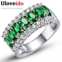 Uloveido Valentine's Day Gift Womens Silver Plated Red Wedding Large Colored Ring Red Green Zircon Sets Ringen Jewelry 2016 J501