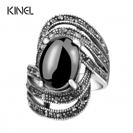 Unique Vintage Fashion Black Rings For Women  Tibet Silver Alloy Antique Oval Angel Wings Ring 2017 New