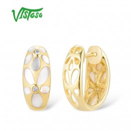 VISTOSO Gold Earrings For Women Pure 14K 585 Yellow Gold White Mother of Pearl Sparkling Diamond Wedding Engagement Fine Jewelry