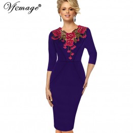 Vfemage Womens Stylish Elegant Applique embroidery Crochet V-neck Work Office Bodycon Female 3/4 Sleeve Sheath Party Dress 4241