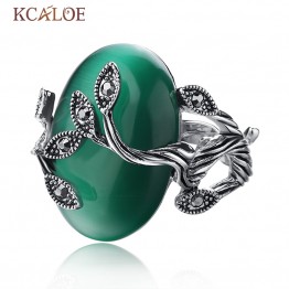 Vintage Green Opal Ring Oval Natural  Stone Rings For Women Retro Anillo Carved Luxury Crystal Rhinestone Bague Leaf Ring