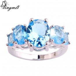lingmei Wholesale Dazzling Blue CZ Silver Color Ring Size 6 7 8 9 10 11 12 13 For Women Party Fashion New Jewelry Free Ship